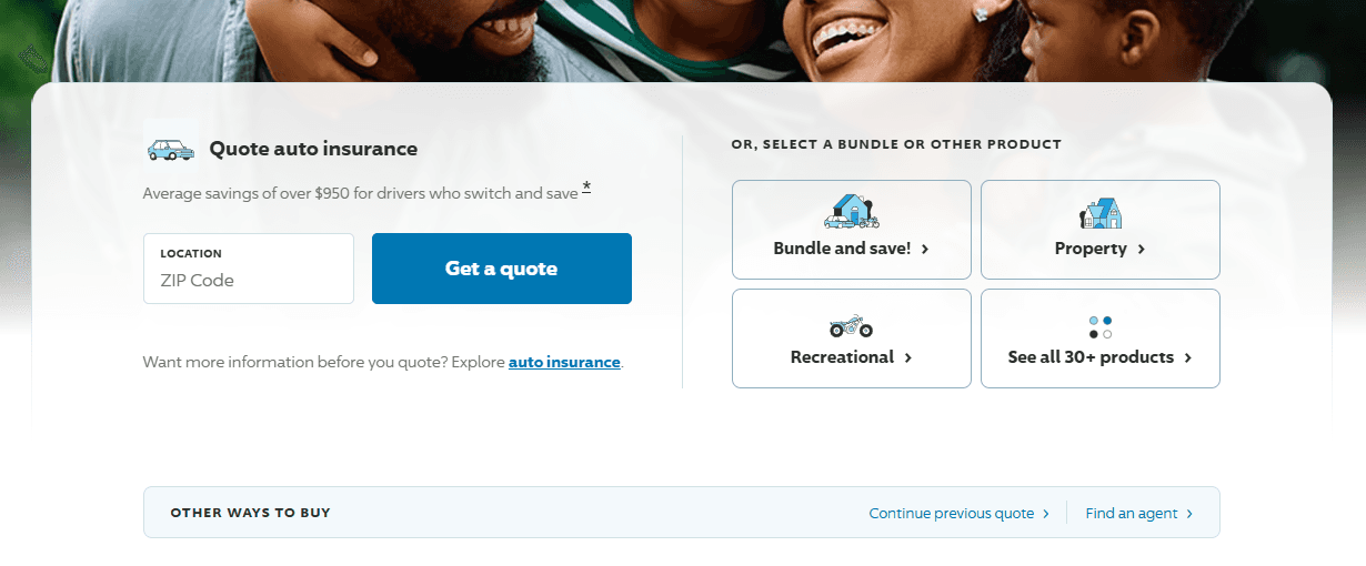 Progressive's actual homepage as captured: the 'Quote auto insurance' ZIP-code box beside the bundle, property, recreational and 30+ products choices, with the 'other ways to buy' bar below