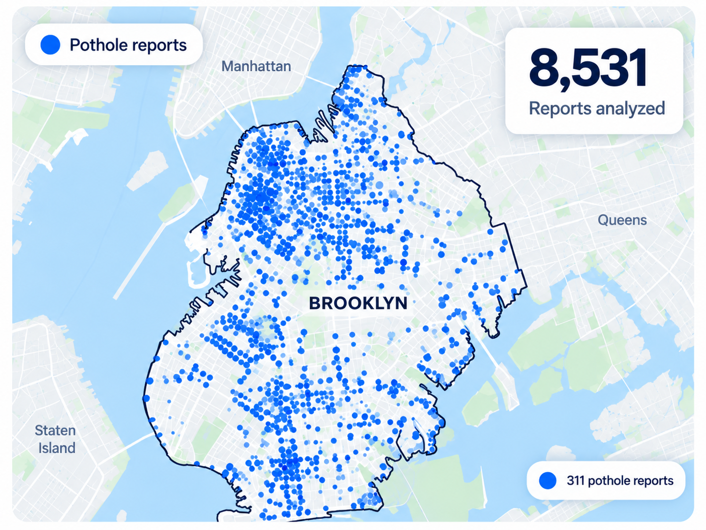 Map of Brooklyn covered in blue dots marking 311 pothole reports, with a total-reports callout.